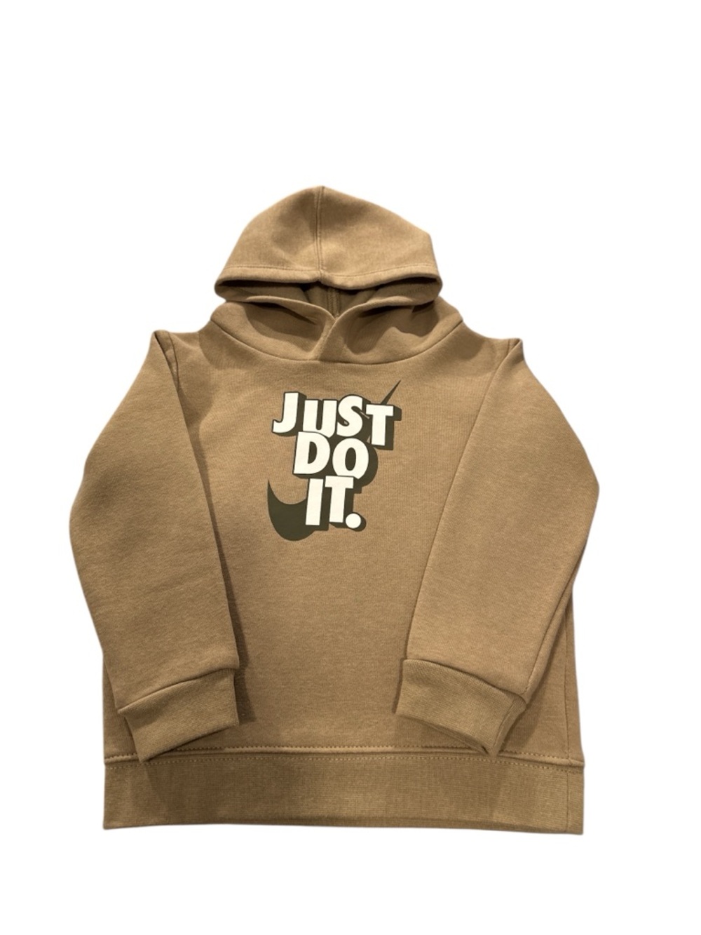 Nike Toddler Boy 24M Tan Hoodie with White and Olive Green 'JUST DO IT.' Graphic